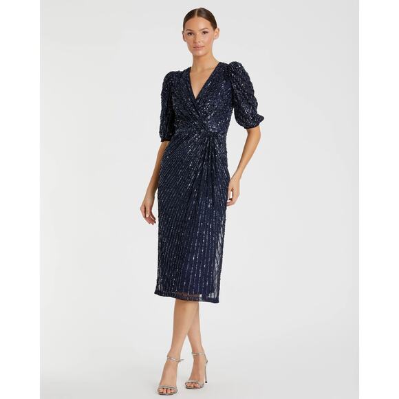 Mac Duggal Dresses & Skirts - Mac Duggal 5578 Midnight Navy Sequined V-Neck Short Puff Sleeve Midi Dress 8 NWT